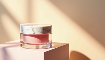 Poster - Elegant cream jar with marble lid on a softly lit pedestal  