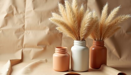 Poster - Decorative vases with dried pampas grass on a textured background  
