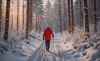 Aufkleber - Woman in a red coat is walking through a snowy forest. Concept of solitude and peacefulness, as the woman is the only person in the scene