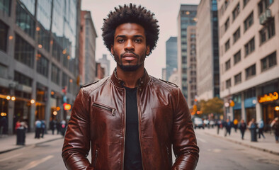 Aufkleber - Man wearing a brown leather jacket stands in the middle of a busy city street. He is the center of attention, and the scene is bustling with activity