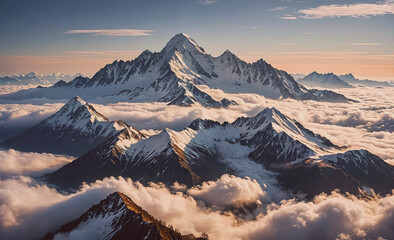 Poster - The sky is filled with clouds and the mountains are covered in snow. The scene is serene and peaceful, with the mountains towering over the clouds