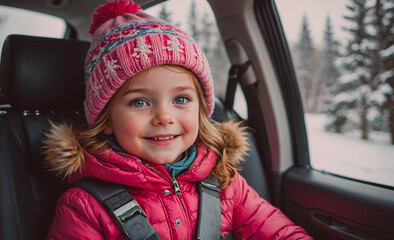 Poster - Young girl wearing a pink hat and a pink coat is smiling in a car. The scene is set in winter, with snow visible outside the window. The girl appears to be enjoying her time in the car