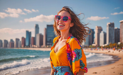 Aufkleber - Woman wearing a yellow floral dress is smiling and standing on a beach. The beach is near a city, and the woman is wearing pink sunglasses