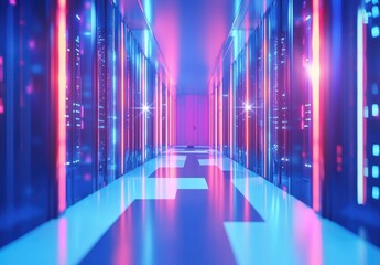 Poster - Futuristic server room with glowing pink and blue lights reflecting on the floor, showcasing data infrastructure. Ideal for tech ads, AI concepts, and cloud computing visuals