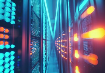 Poster - Close-up view of futuristic data servers glowing with vibrant blue and orange lights, symbolizing advanced network technology. Great for tech, IT, and AI-related designs