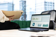 © DC Studio - Empowered female CEO working in her high end corporate office, focusing on career development and maintaining a productive goal oriented work environment. Strategic thinking for growth. Close up.