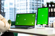 © DC Studio - Woman chief executive officer working with mockup copy space screen on device, developing a project for enterprise growth and objectives achievement. Female director with determination.