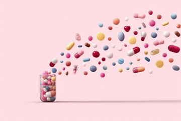 Aufkleber - Capsule Bursts Into Colorful Wellness Icons Creating a Playful and Vibrant Explosion of Medicine