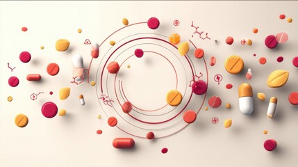 Aufkleber - Bright Minimal Pills and Icons Create Dynamic Health Motion in a Circular Arrangement Illustrating Wellness