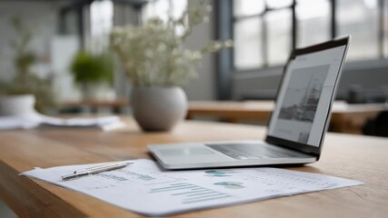 Poster - modern office desk with laptop showing charts and graphs, pen and documents, decorated with small pl
