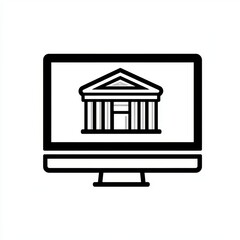 Poster - Line art style is used on a computer screen to display a building structure icon with a white background and copy space