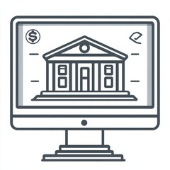 Poster - The computer screen features a line art style display of a building structure icon set against a white background with copy space