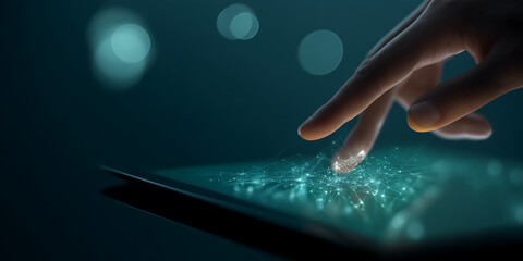 Aufkleber - fingertip interacting with glowing network on tablet screen, showcasing digital connection and innov