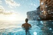 © hkjdesign - A man swims in serene ocean water, contemplating a digital network overlaying a cliffside.