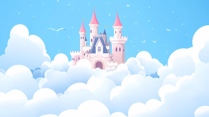 Wall Mural - A castle floating in the clouds amidst a dreamy landscape. floating castle. illustration. Floating Castle. Illustration
