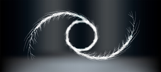 Poster - Dynamic lightning swirl with an intricate pattern on a dark background showcasing energy and motion.