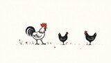 Rooster and Chickens in a field: A charming illustration of a proud rooster and his two hens, the scene is rendered with clean lines and soft colors, creating a whimsical yet modern feel. 