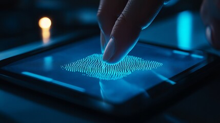 Poster - Digital Fingerprint Scanning Technology Secure Access Modern Device Blue Light Futuristic Biometric Authentication System Innovative Security System High Tech Finger Print Scanner Digital Identity    