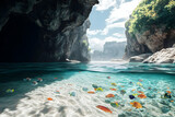Tropical cave opening reveals vibrant underwater marine life.