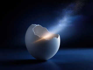 Poster - Cracked egg shell releasing light and particles in a dark environment