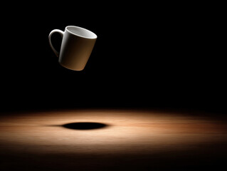 Poster - Floating white mug against dark background creating a unique visual effect
