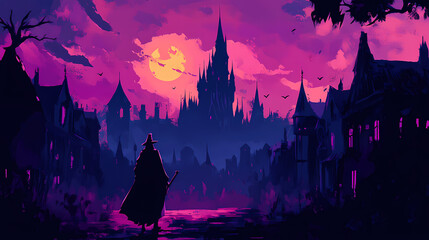 silhouette of a man in a wizard's robe in a dark night fantasy town, approaching a towering castle i