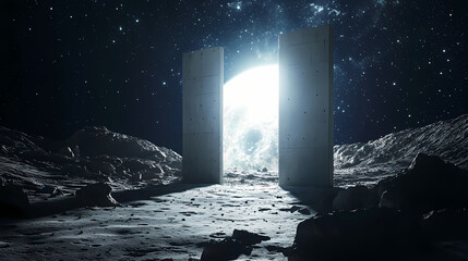 Wall Mural - Bright light shines in a concrete portal on a moon surface, against the dark, starry sky. Lunar Gate. Illustration