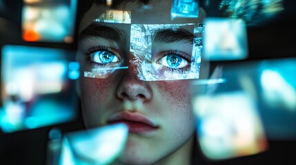 Poster - teenage boy futuristic portrait blue eyes digital art screen overlays modern technology youthful fac
