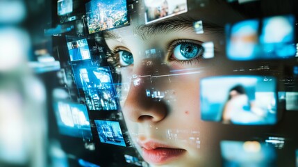 Poster - Child Face Digital Overlay Futuristic Technology Screen Interface Modern Blue Screens Young Person Digital World Innovation Network Interface Digital Future Technology Concept Abstract Digital Art    