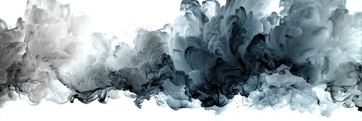 Fototapete - Dark Abstract Oil Smoke Billows Gracefully Against a White Minimalist Background in an Artistic Representation of Fluid Motion and Texture