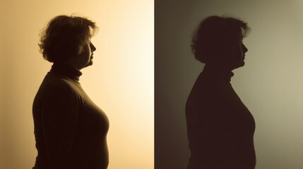 Poster - Weight Loss Transformation Silhouette Showcasing Before and After Results Against a Soft Neutral Background With Text Space for Clarity