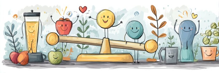 Poster - Health Scale Balancing Joy and Vitality With Cheerful Icons and Vibrant Elements in a Wellness-Themed Setting