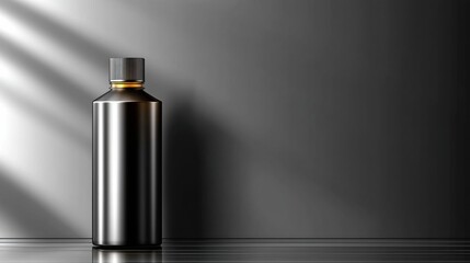 Poster - Industrial Design Mockup Showcasing a Crude Oil Bottle on a Glossy Surface in a Sleek, Modern Environment With Dramatic Lighting