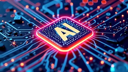 Glowing ai chip on futuristic circuit board with blue and red neon lines, bokeh lights, high-tech processor with dynamic lighting, concept of artificial intelligence, digital innovation, tech branding