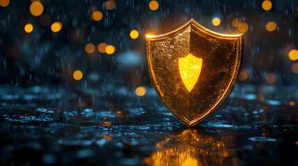 Wall Mural - a golden shield glows with light, symbolizing protection and security, standing on a dark, wet surfa