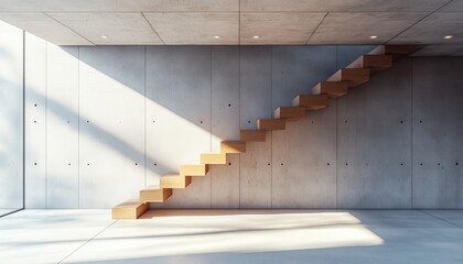 Poster - Empty Room With Wooden Stair Plank Wall And Ceiling, Featuring Blank Concrete Wall For Copy Space In Modern Contemporary Loft.