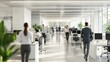 © SKIMP Art - Blurred background of an office with business people in the foreground, white color theme, minimalistic, copy space Generative AI
