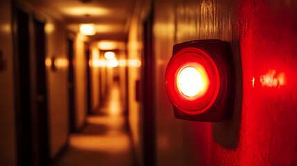 Wall Mural - close-up of a red emergency alarm light in a dimly lit corridor with blurred background, focusing on