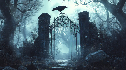 Wall Mural - Door with crow background scary cemetery gate by generative ai. Arcspire Gate. Illustration