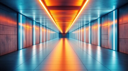 Poster - Neon Lights Corridor: Futuristic Tunnel of vibrant Orange and Blue illumination