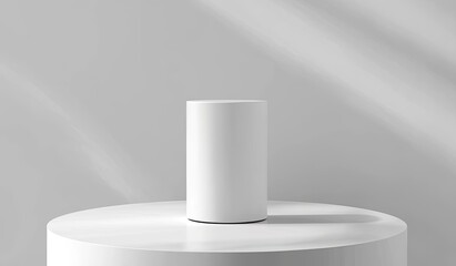 Aufkleber - White cylinder on white round pedestal, sunlit background.