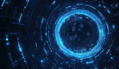 Poster - Futuristic blue digital tunnel with glowing circle.