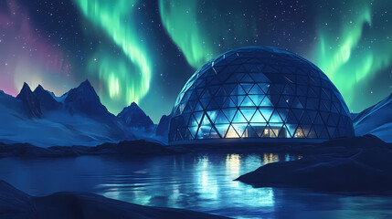 Wall Mural - crystal geodesic dome house floating in cosmic space surrounded by aurora borealis reflecting starli