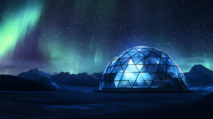 Wall Mural - crystal geodesic dome house floating in cosmic space surrounded by aurora borealis reflecting starli