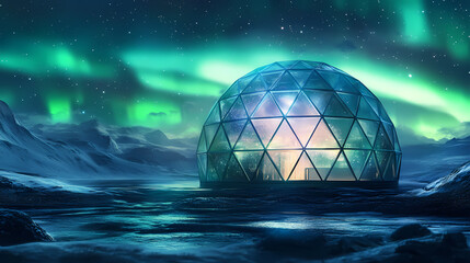 Wall Mural - crystal geodesic dome house floating in cosmic space surrounded by aurora borealis reflecting starli