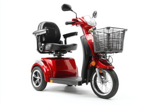 A red mobility scooter with a black seat and a basket on the front isolated on a white background