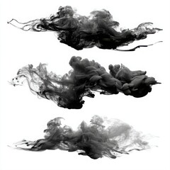 Poster - Three abstract black ink clouds floating and swirling against a stark white background creating contrast