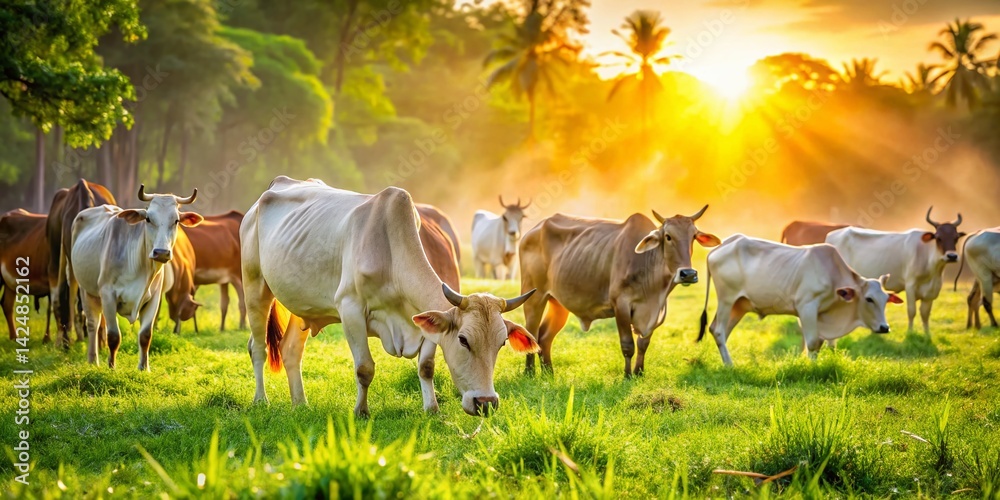 Candid Shot: Indian Cattle Grazing in Lush Green Field Stock ...