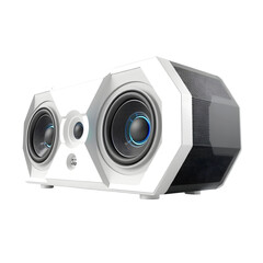 Poster - Futuristic Speaker Design, Modern Audio Technology, A 3d Rendering On A Clean White Background. Stylish Sound System With Sharp Geometric Edges. Contemporary Media Device For Listening Enjoyment.