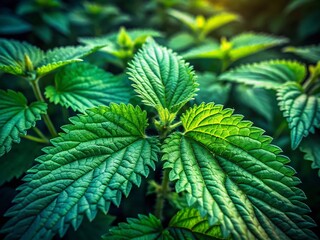  Close-up of Lush Green Nettle Leaves in Overgrown Field - Low Light Photography